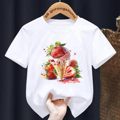 Strawberry Cake Print T Shirt Kids Summer Fashion Kids Cartoon T-Shirt Round Neck Short Sleeve Girls Tshirt Tops1-14yeas Old