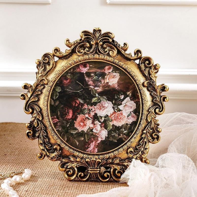 Elegant Baroques Resins Photo Frame with Antique Design Vintage Round Golden Picture Frame Wall Hanging or Desktop