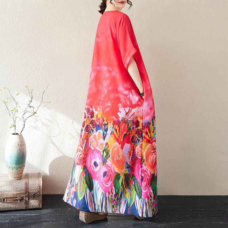 DIMANAF 2025 Summer Women Plus Size Loose Long Dress Beach Basic Casual Dress Vintage Floral Printing Holiday Dress