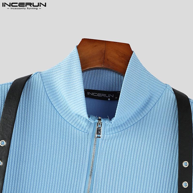 INCERUN Maglietta casual attillata irregolare con collo alto e spalle scoperte da uomo, con cerniera