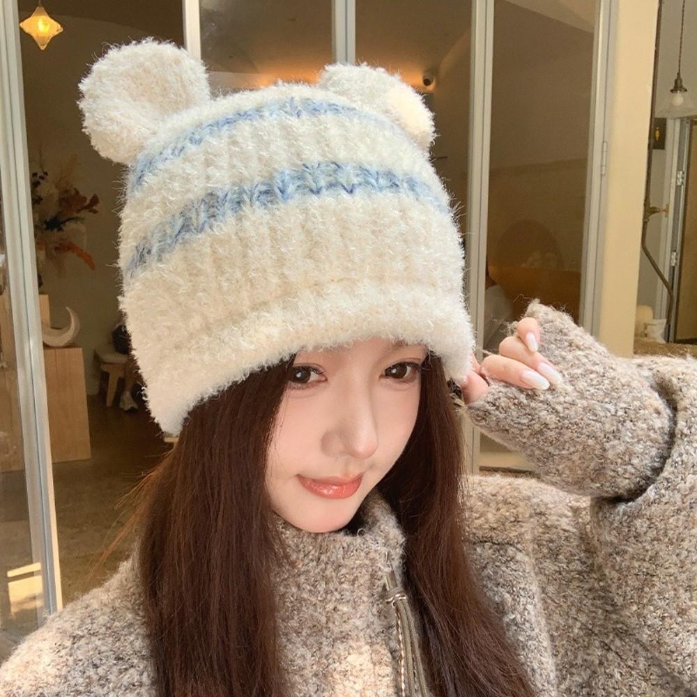 Ear Protection Fuzzy Knitted Beanie Polyester Warm Winter Hat Bear Ear Earflap Beanie Korean Style