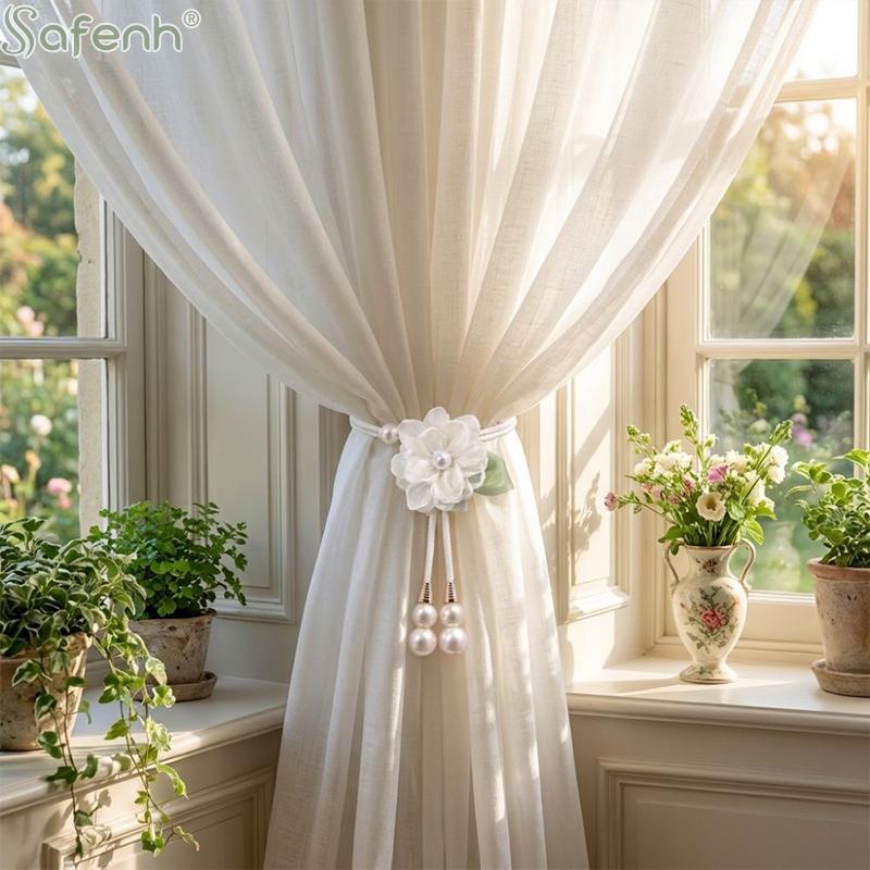 Adjustable Camellia Curtain Tieback Beautifully Punch-free Pearl Curtain Buckle Elegant Curtains Tie Rope Living Room