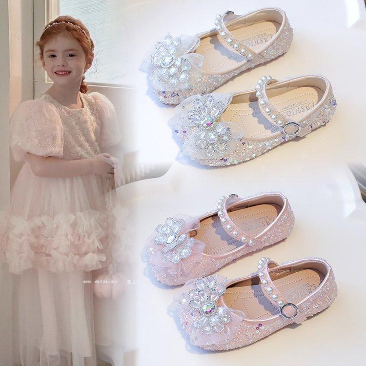 Girls Princess Shoes 2025 New Children's Crystal Shoes Spring and Autumn Leather Shoes Little Girl Shoes Baby Single Shoes with Dress