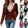 Women's Fashion Color V-Neck Lace Trim Patchwork Loose Fit Top for Casual Wear