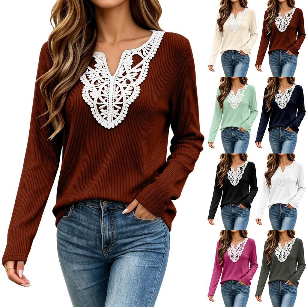 Women's Fashion Color V-Neck Lace Trim Patchwork Loose Fit Top for Casual Wear