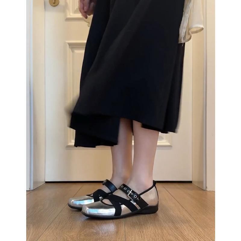 Sheepskin~ Silver retro leather shoes versatile cross-strap Mary Jane shoes women's flat-bottomed light-mouth single shoes