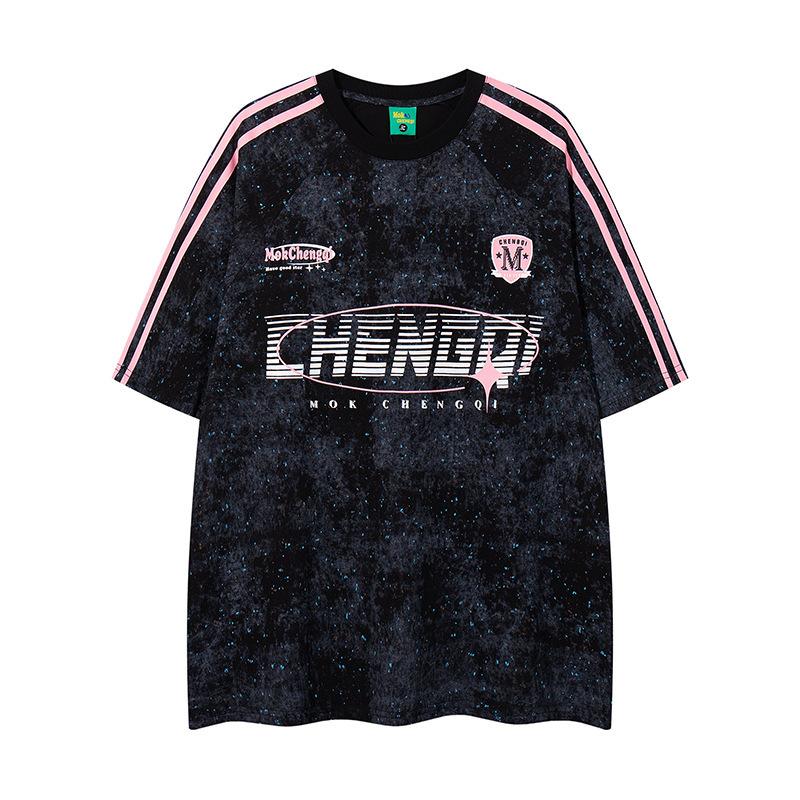 American retro letter print short-sleeved T-shirt men s 2025 summer loose casual couple gypsy design top M чёрный