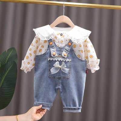 Girls Lapel Full Print Shirt Long Sleeve Suit Baby Denim Overalls Two-piece Suit
