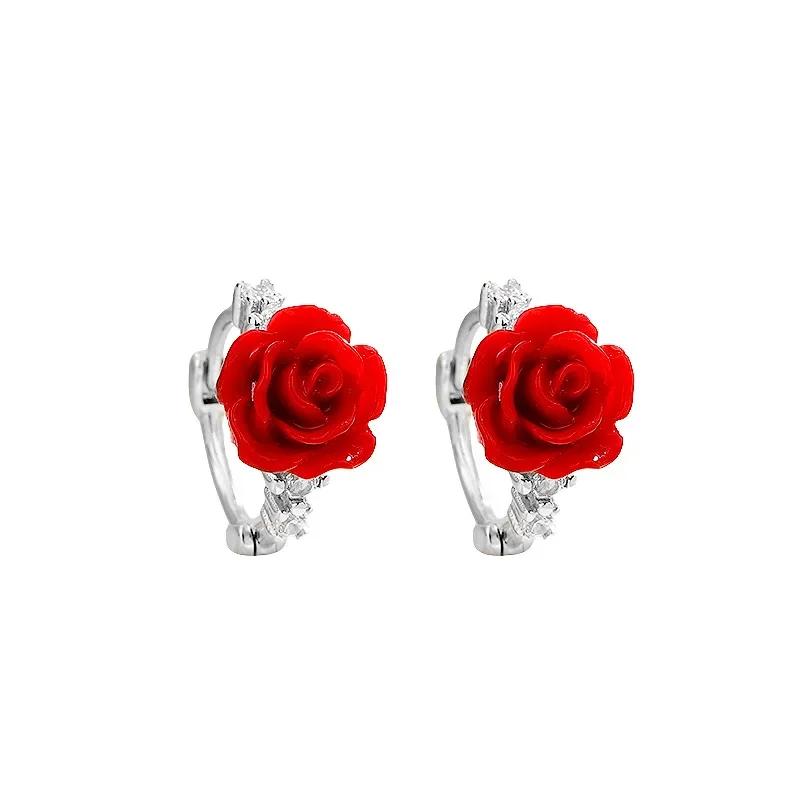 PONYKISS Silver Colorful Rose Cute Plant Stud Earring for Women Minimalist Fine Piercing Screw Bead Accessories