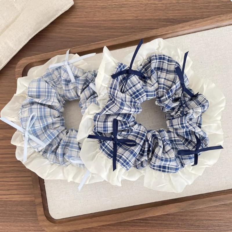 Blueberry Tone Plaid Lace Bow Hair Ring Girl Fashion Versatile Scrunchie Hair Accessories