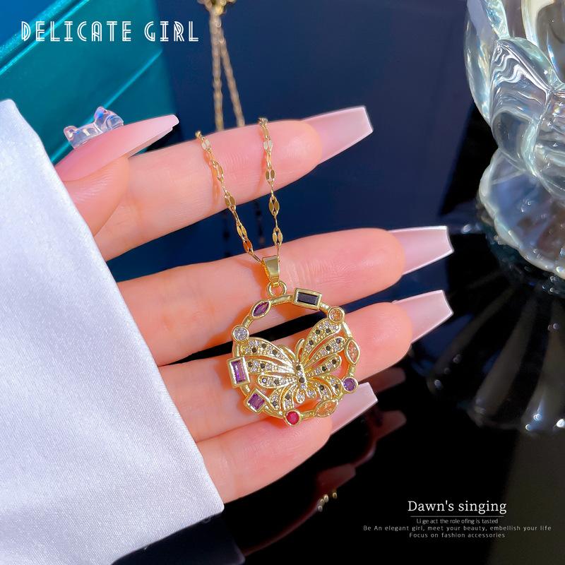 Exaggerated Color Butterfly Micro-Inlaid Real Gold Necklace Female Transfer Bead Collarbone Chain With Jewelry