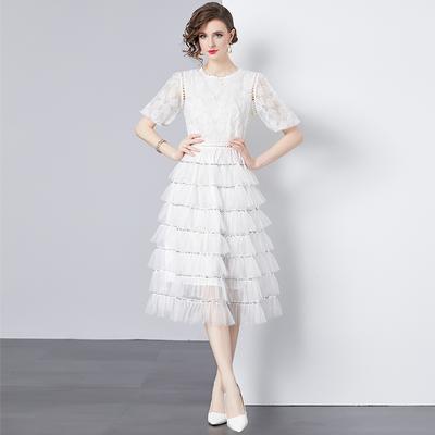 Summer Princess Mesh Sequined Embroidery Cascading Ruffles Layer Cake Dress Women Lace Patchwork One Piece Birthday Party Dress