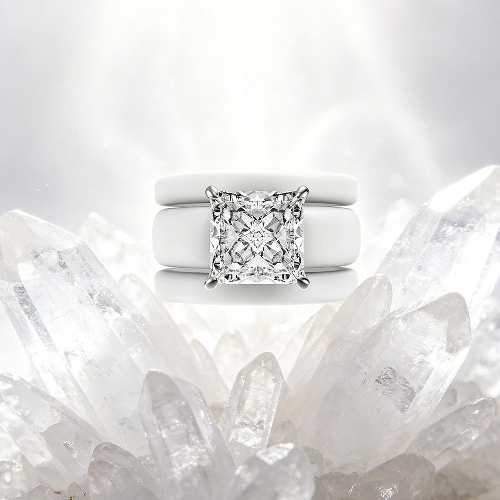 Prinzessschliff Zirkonia Ring mit 3-lagigem weißen Keramikband, Moderner klobiger kupferbeschichteter Statement Ring, Brautversprechen Schmuck