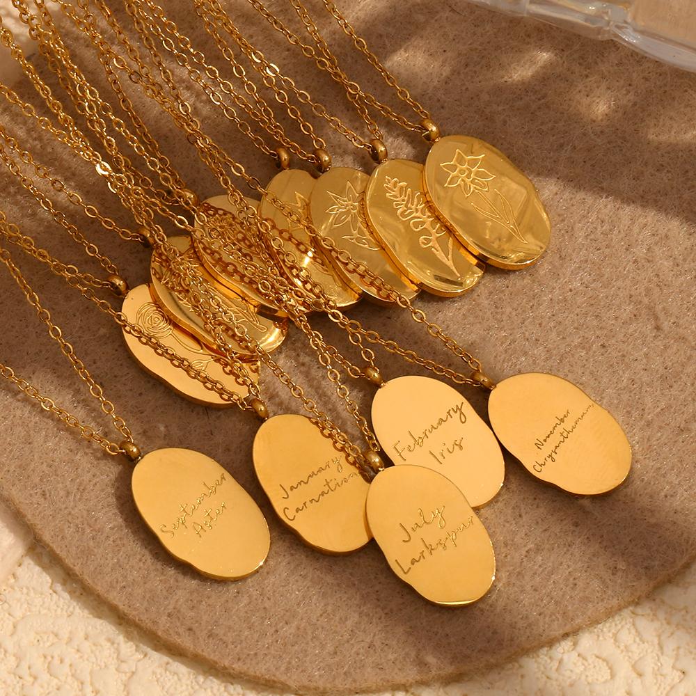 E.B.belle Tarnish Free Irregular Personality 12 Months Flower Pendant Necklace Stainless Steel Gold Plated Birthstone Necklace