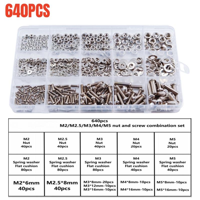 Combination Sets of Lock Nuts and Bolts, Flat Washers and Spring Washers in Sizes M2-M5 for Small and Medium-Sized Repair Jobs