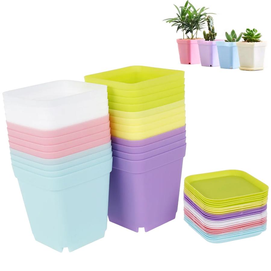 6/12pcs Colorful Square Flower Pot with Tray Offices Indoor Outdoor Decor Flower Beds Garden Nurseries Plastic Flowerpot XJM