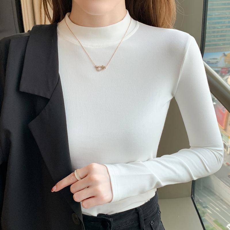 Women's Fleece-Lined Slim Fit Knit Top - Half High Neck Long Sleeve for Spring, Autumn, Winter 2024