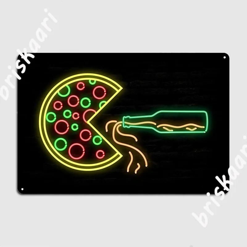 Pizza Drinking Beer Neon Metal Sign Poster Club Bar Cinema Living Room Retro Tin Sign Poster 20X30CM