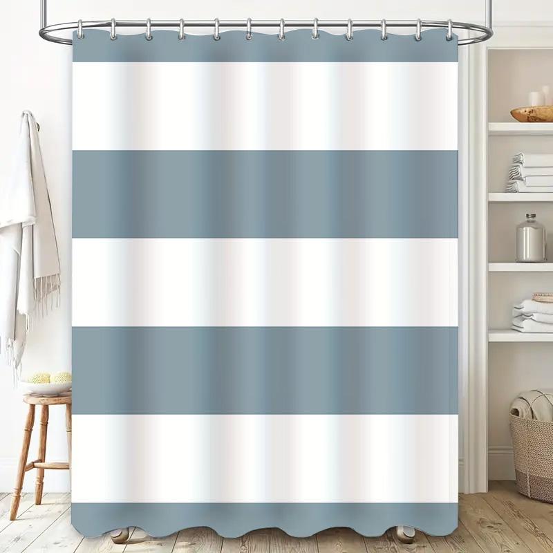 Modern Striped Shower Curtain Blue White Bath Decor for Home Bathroom Water-Resistant Fabric Easy Hanging Rod Set Included (Whit