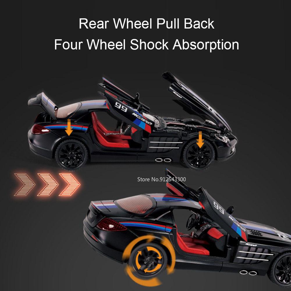 Scale 1:24 SLR 300SL Car Model Toy Doors Opened Light Sound Shock Absorption Miniature Supercar Models for Kids Holiday Gifts