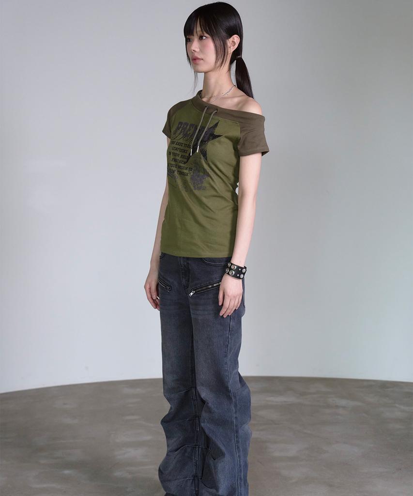 PRENDA String Off Shoulder Short Sleeve Khaki