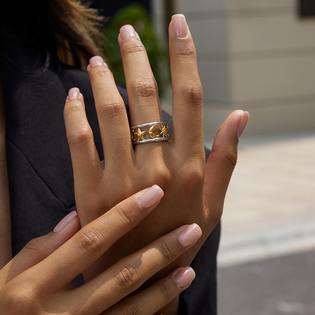 Yori Statement Stainless Steel Star Moon Hollow Double-Layer Open Ring 18K PVD Plated High Quality Charm Stylish Golden Jewelry
