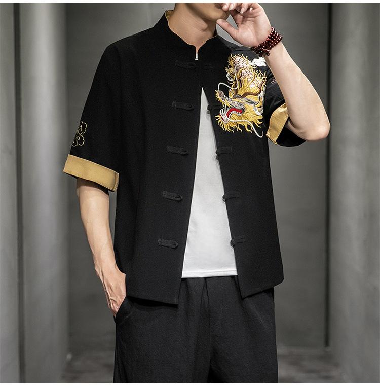 Camicia Casual da Uomo Stile Cinese con Ricamo di Drago, Collo Rialzato, Manica Corta, Taglia Larga