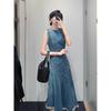 Women's Summer French Retro A-Line Sleeveless Denim Dress – Petite Loose Fit