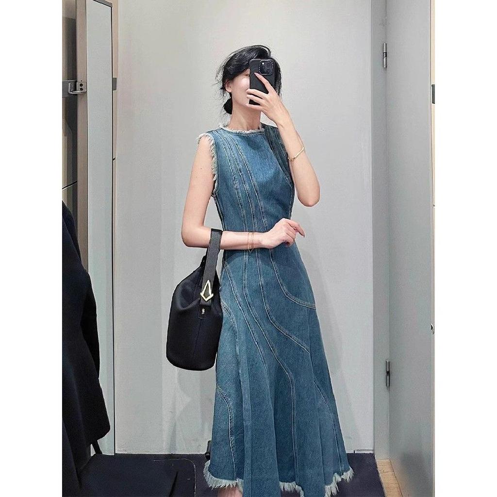 Women's Summer French Retro A-Line Sleeveless Denim Dress – Petite Loose Fit