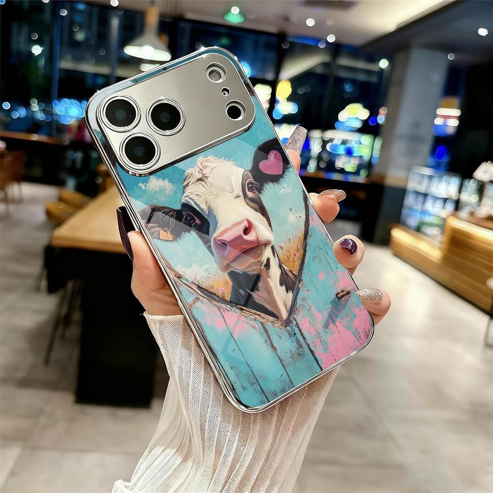 Coque de téléphone mode vache drôle pour iPhone 17 16 15 14 13 12 Pro Max Plus Coque bumper antichoc en métal galvanisé Dos en verre