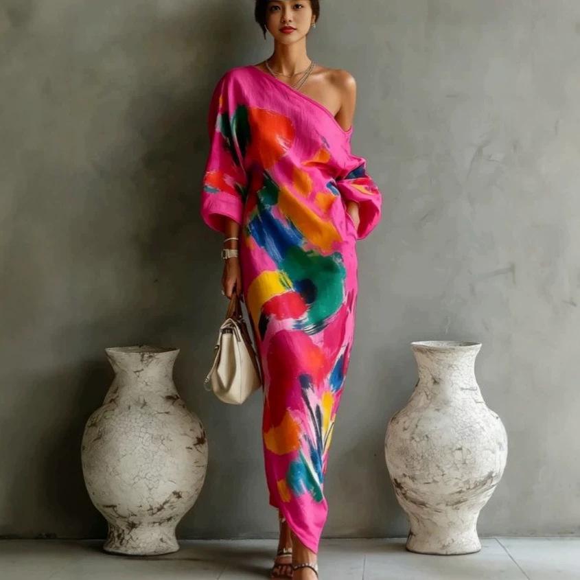 Damen Ein Schulter Bunt Abstrakt Print Maxikleid Lässig Lockerer Schnitt Langarm Überwurfkleid