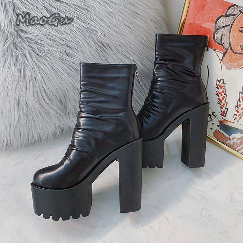 Autumn Gothic Ankle Boots Black PU Back Zip Super High Heel Short Boots Pleated Platform Shoes for Women Botas Para Mujer