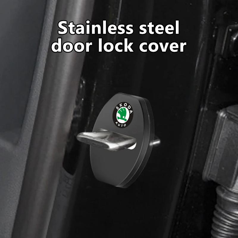 AAAJF1 4Pcs Car Door Lock Covers Auto Decorative Accessories For Skoda Kodiaq Fabia Kamiq Karoq Octavia 2 3 Rapid Scala