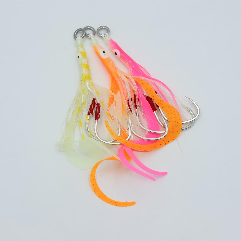 3 buc. Fuste moi calmar care luminează în întuneric, nălucă cu 2 cârlige asist pentru jigging cu prezentare lentă, momeală pentru trolling pescuit în apă sărată (Trandafir Portocaliu Alb)