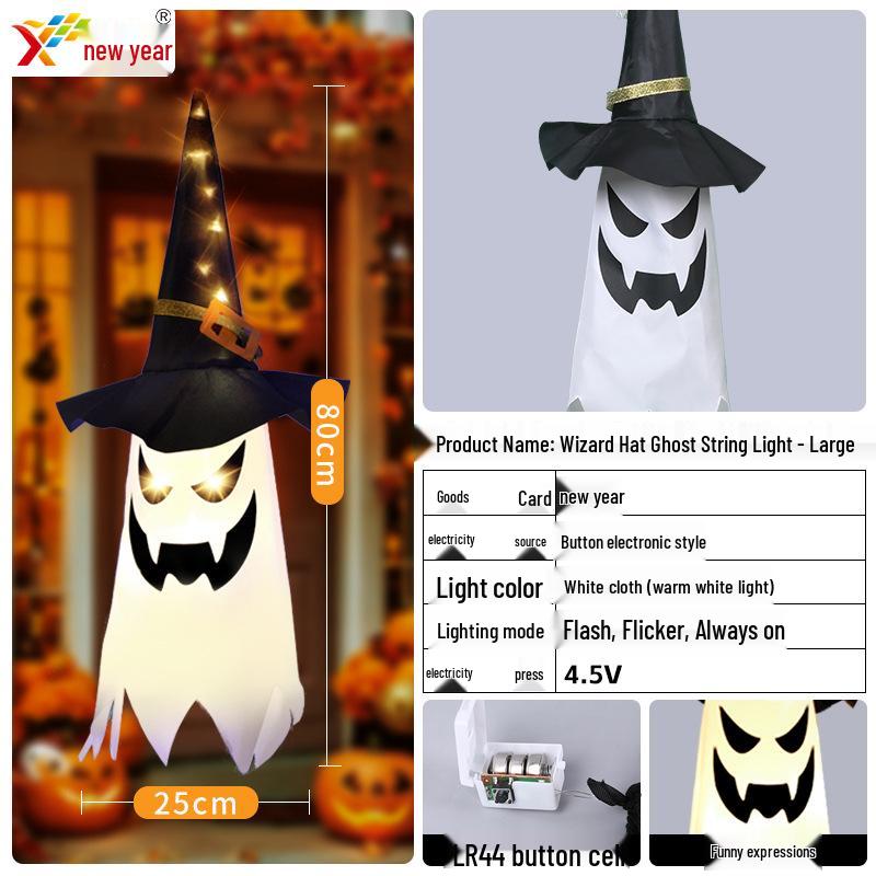 Glowing Halloween LED Wizard Hat and Ghost String Lights for Spooky Decoration