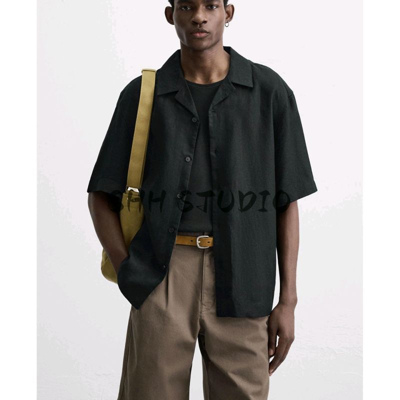 Summer New Men's Wear Lapel Short Sleeve Casual Simple and Comfortable Linen Blended Shirt Tops 3090123