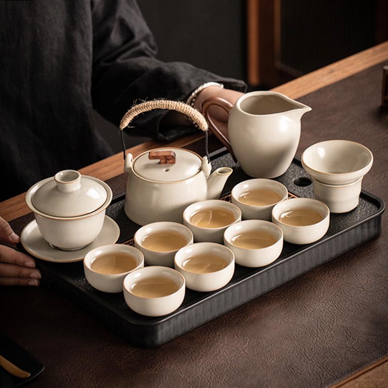 High-End Ru Kiln Ceramic Kung Fu Tea Set - Luxury Gaiwan Teapot, Tray, and Cups for Home.