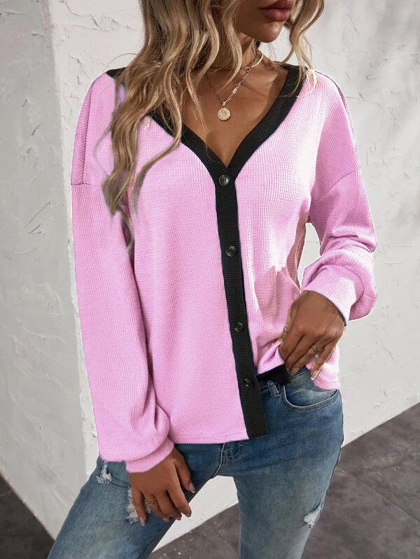 Damen-Cardigan, T-Shirt, V-Ausschnitt, langärmelig, Waffel-Cardigan, Knopfstrick-Oberteil, Jacke