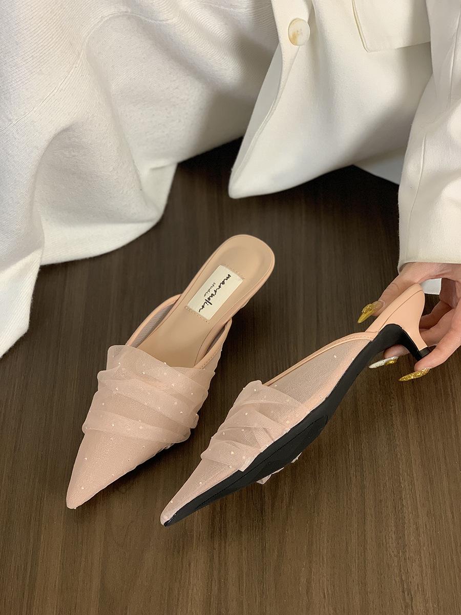 

2025 Новые темпераментные босоножки на высоком каблуке, французские розовые сетчатые баотоу, полушлепанцы, женская обувь для улицы 39 розовый