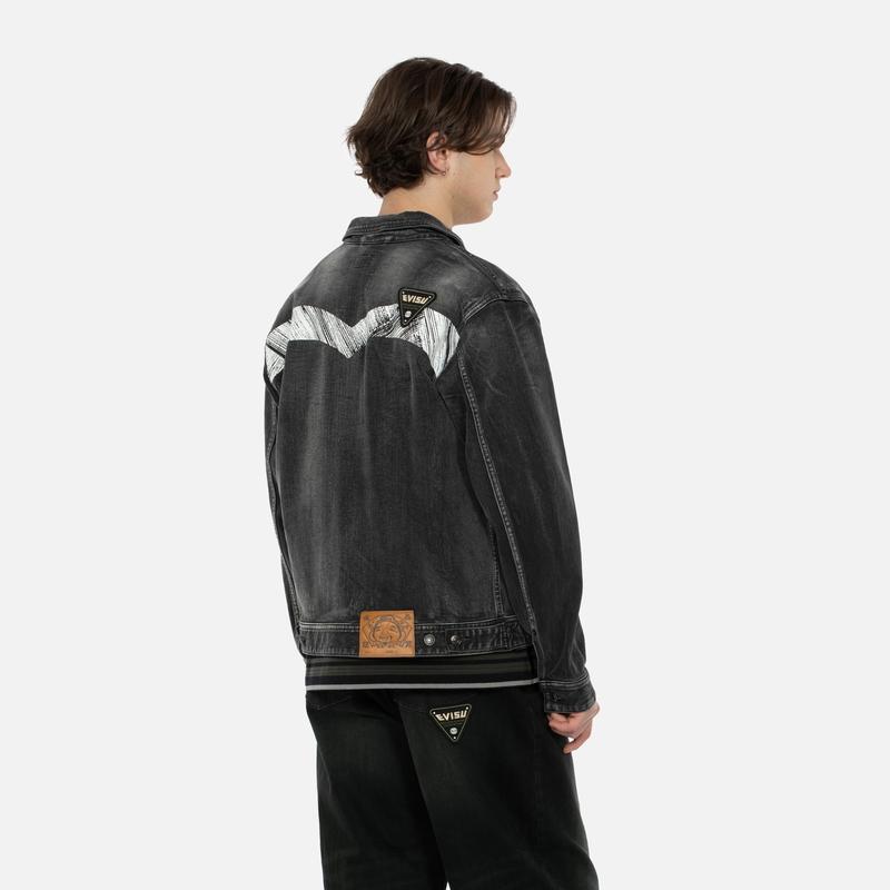 Evisu SS24 Multi-Embroidered Denim Jacket Men Jackets Black 2ESHTM4DJ8003RXDP