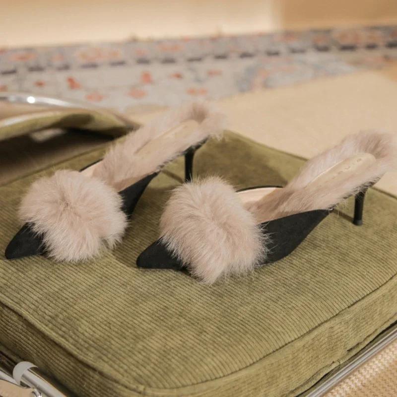 Fashion New Autumn Winter Fluffy Mules Slippers Women Pointed Toe Pumps Warm High Heels Slides Women Plush Thin Heels Slippers Female