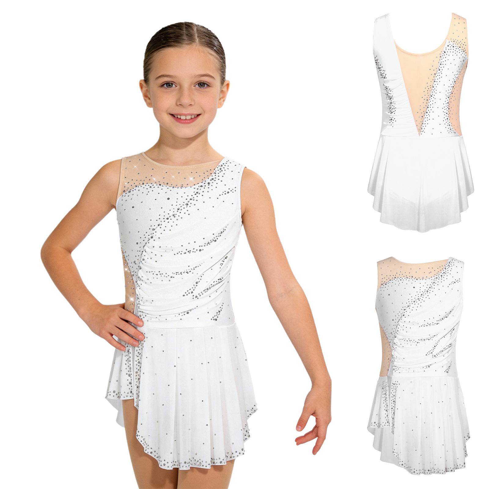 

Kids Gymnastics Skating Leotard Dress Sleeveless Patchwork Rhinestones Ruched Mesh Side Slit and Built-in Underwear for Recital 5-6 Years білий
