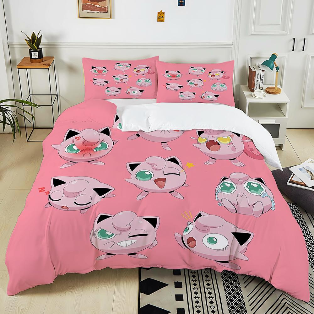 Next Day Shipping P0kem0n Jigglypuff Print Pink Bedding Set 3PC 1 Duvet Cover 2 Pillowcases Adult Kids Bedding Set Comforter Set