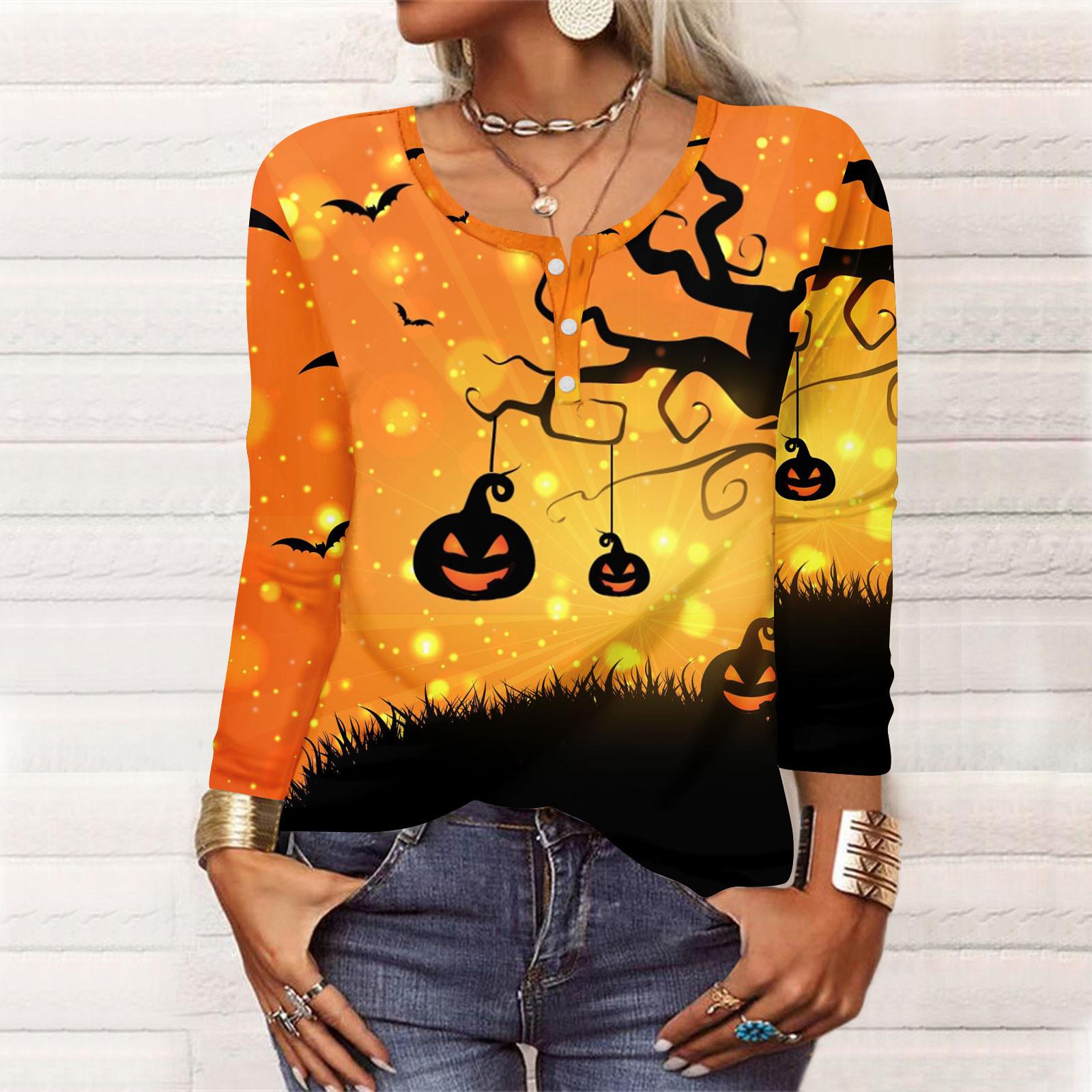 

Хэллоуинские футболки для женщин Свитшоты с длинным рукавом и принтом, с круглым вырезом, свободные, повседневные, летящие, осенние пуловеры XXL оранжевый