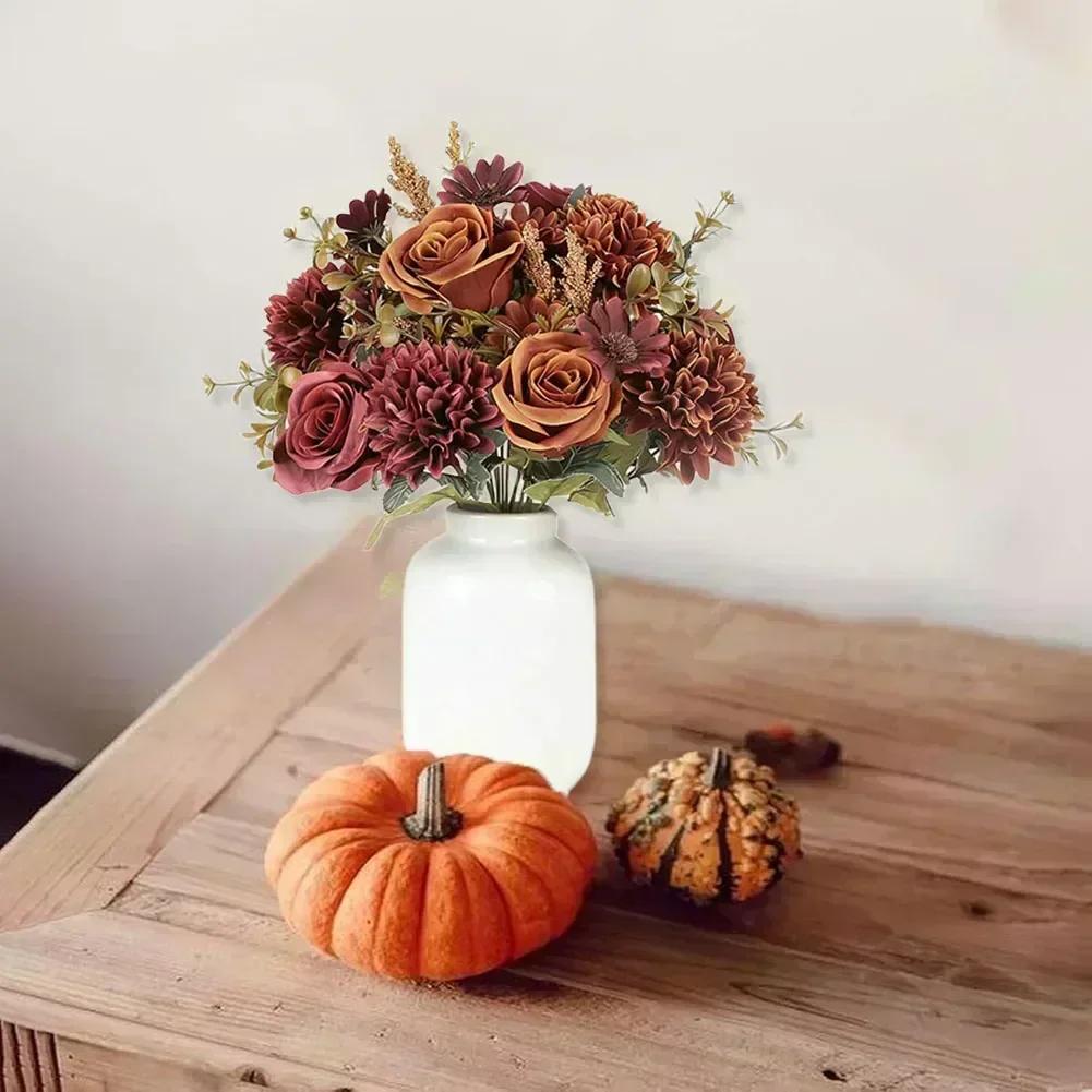 Kunstmatige Herfst Zijdebloem Boeketten 2 Bundels Realistische Oranje Rozen en Hortensia's voor Vaas Slinger Tafelstuk
