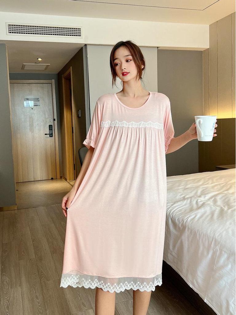 2021 Summer Lace Short Sleeve Loose Large Size Slim Dress - Women's Outdoor & Home Nightdress