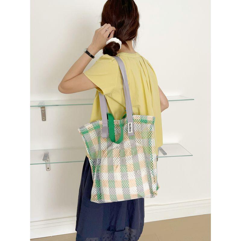 

Huridom 2025 Summer New Arrival Mesh Woven Large Capacity Shoulder Bag Beach Bag Satchel Travel Bags Green yellow white lattice