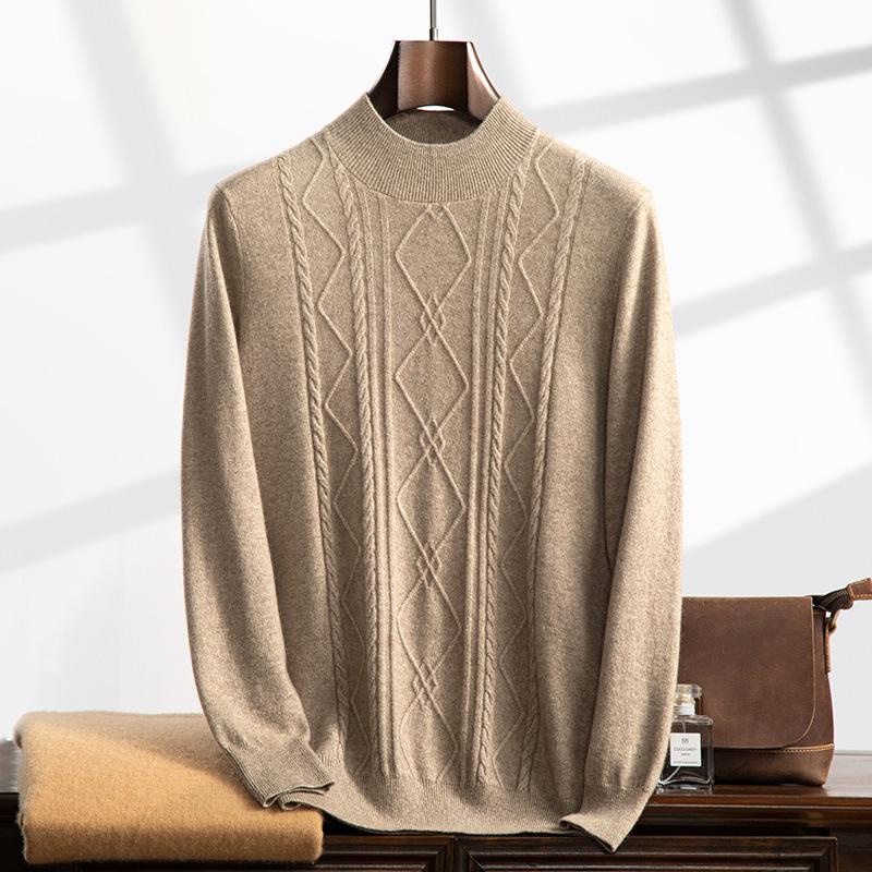 Men's Cashmere Half-High Neck Long Sleeve Knit Sweater - Warm, Business Casual, Plus Size Available