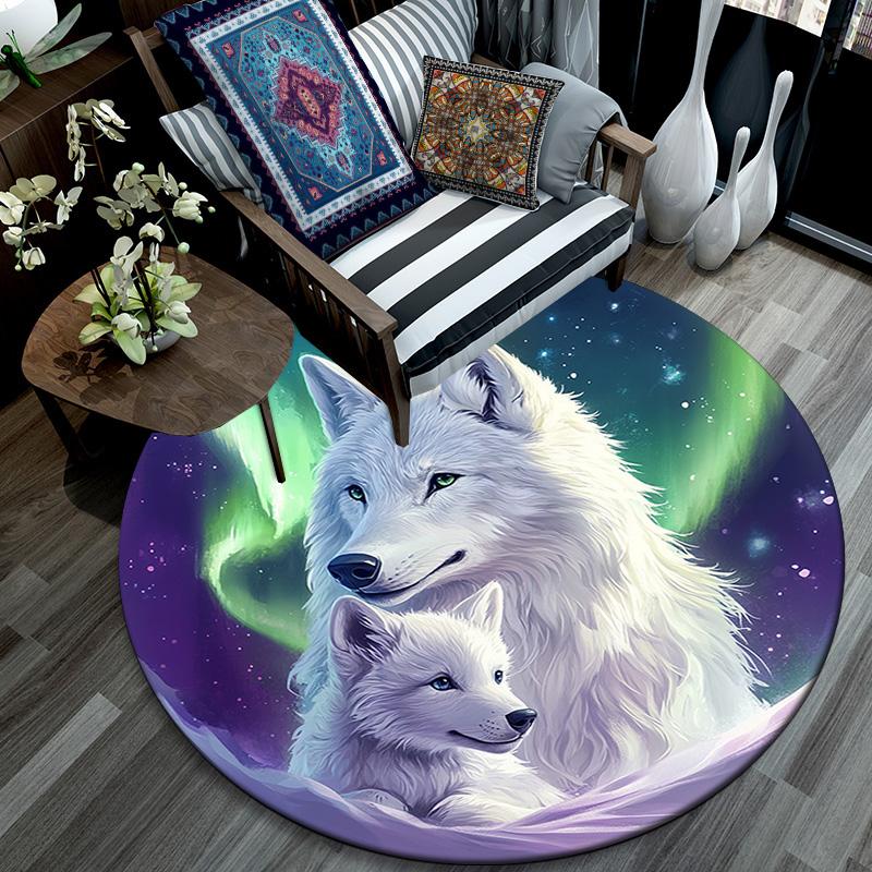 Weißer Wolf Runder Teppich, Teppich für Wohnzimmer Schlafzimmer Sofa Spielzimmer Dekor, Rutschfeste Bodenmatte