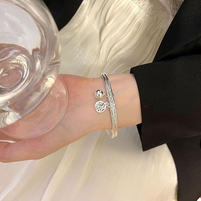 Fu Character Double Ring Bracelet With Bell Ins Style Good Luck Korean Style Bangle For Women Girls Charm Jewelry Gift